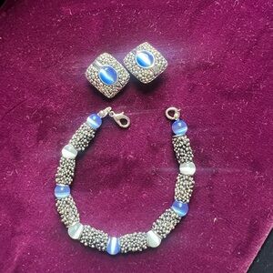 Intricate Silver and Blue Bracelet and Earrings Set with Ornate Detailing Vintag